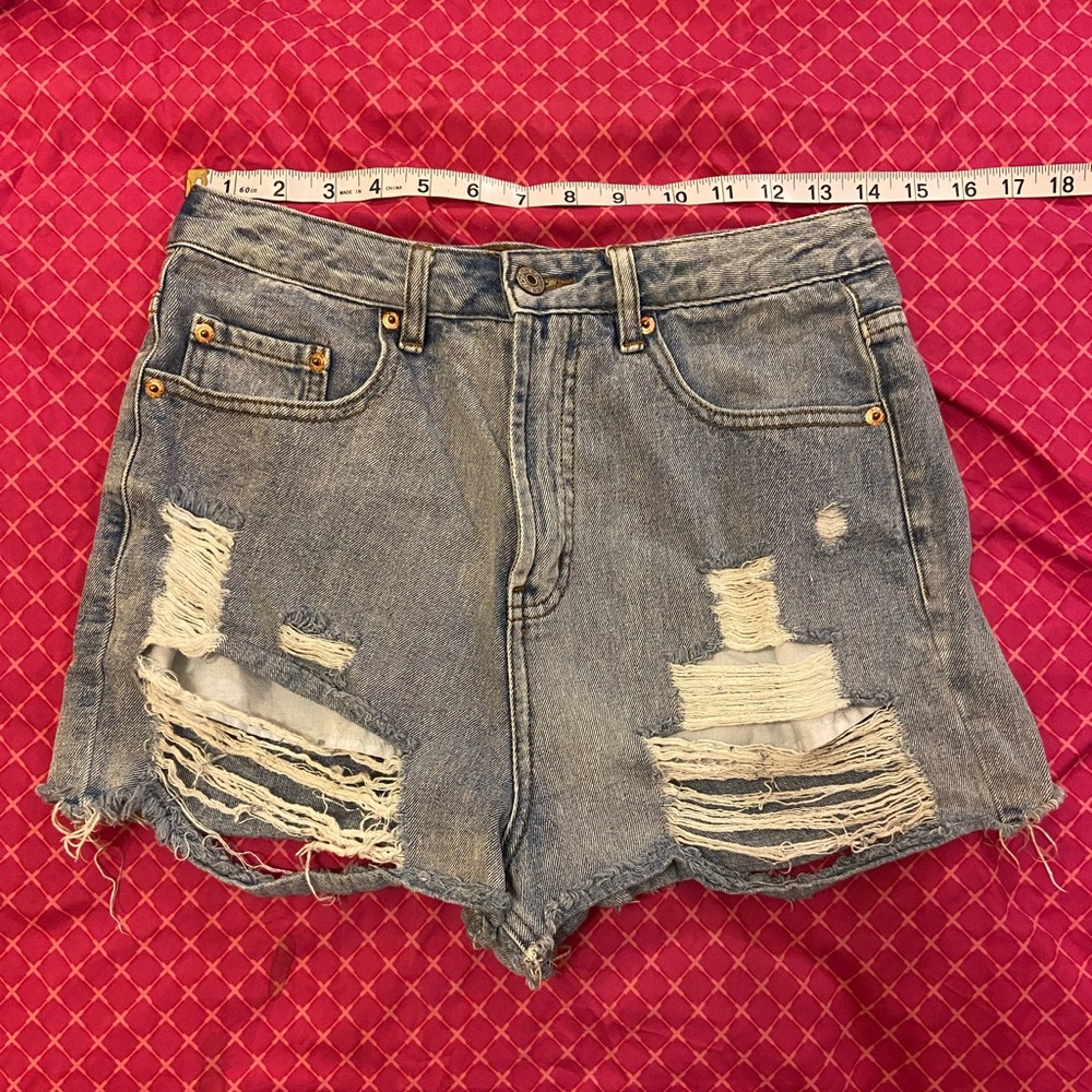 High Waist/Rise Signature Distressed Denim Cheeky Shorts; Fashion Nova